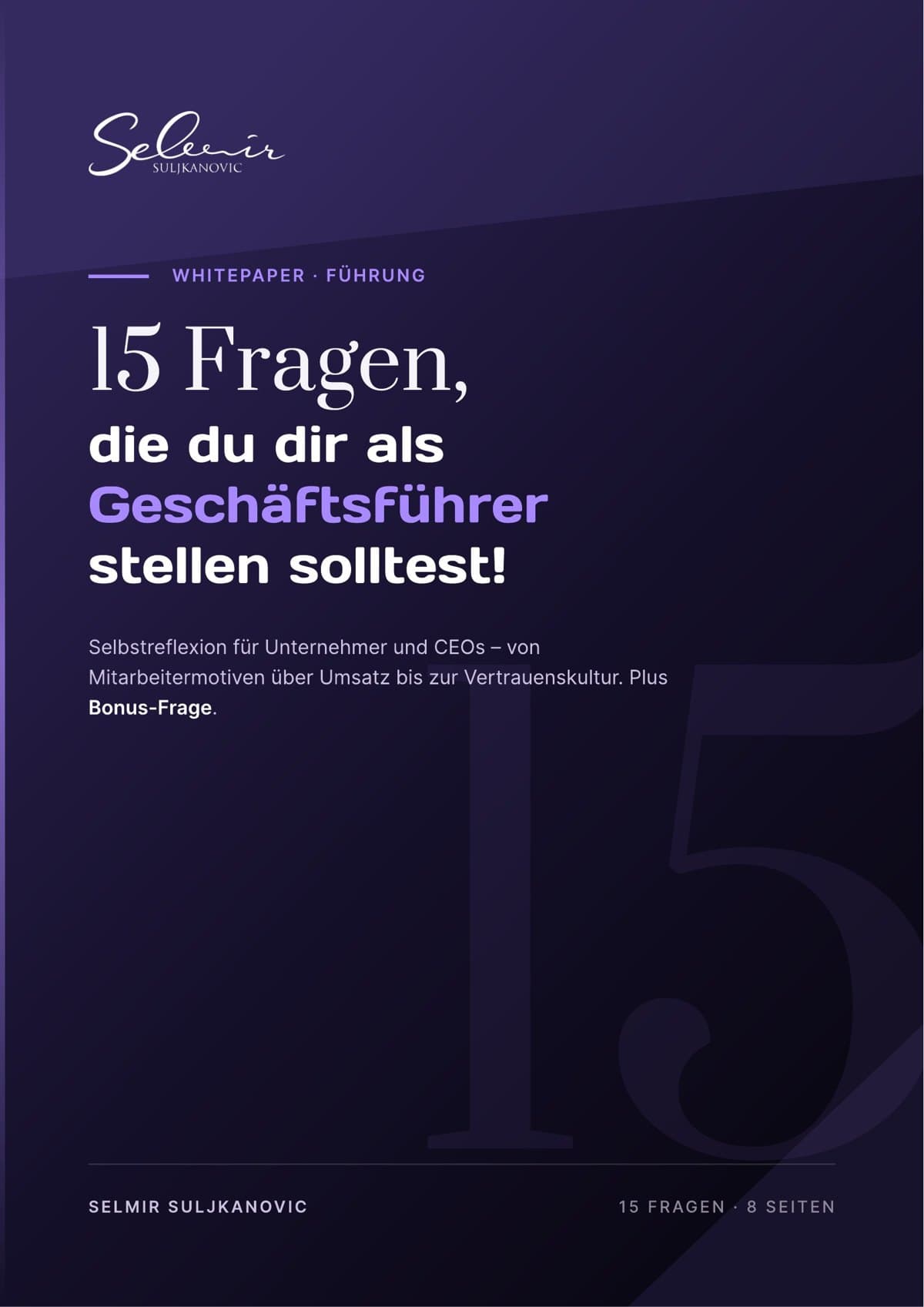 Cover: Whitepaper – 15 Fragen, die du dir als Geschäftsführer stellen solltest